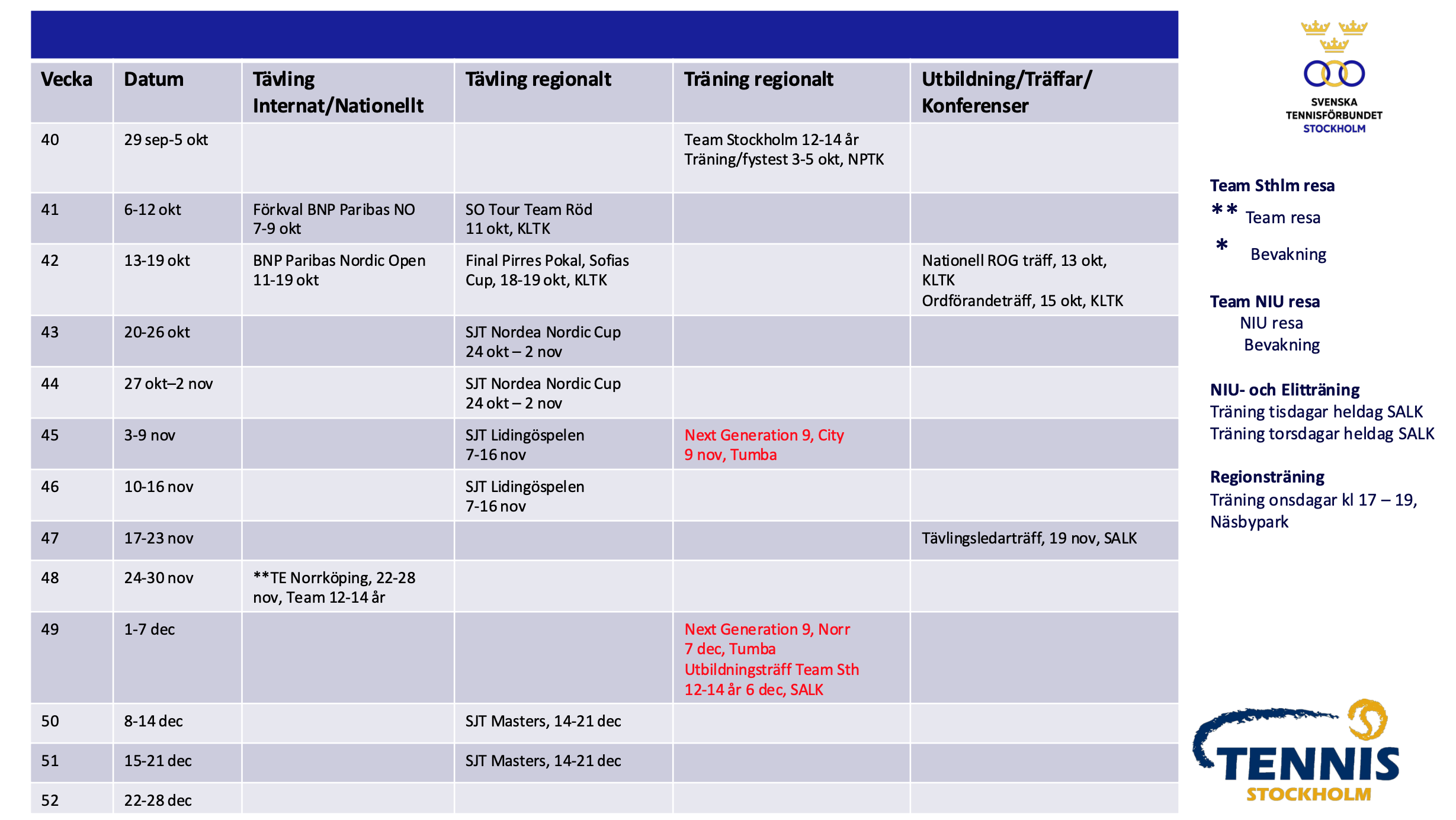 Stomkalender 2025 vecka 40 till 52.